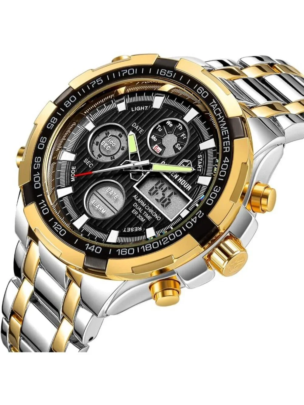 Mens Silver Black Stainless Steel Analog Digital Outdoor Waterproof Luxury Watch
